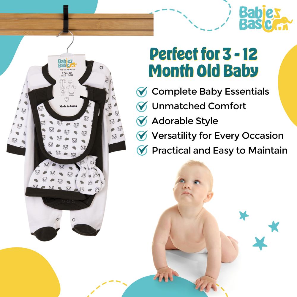 Babies Basic Cotton Set Bib, Romper, Mittens, Cap & Sleepsuit Sleepy Panda - Green - 5 Pcs