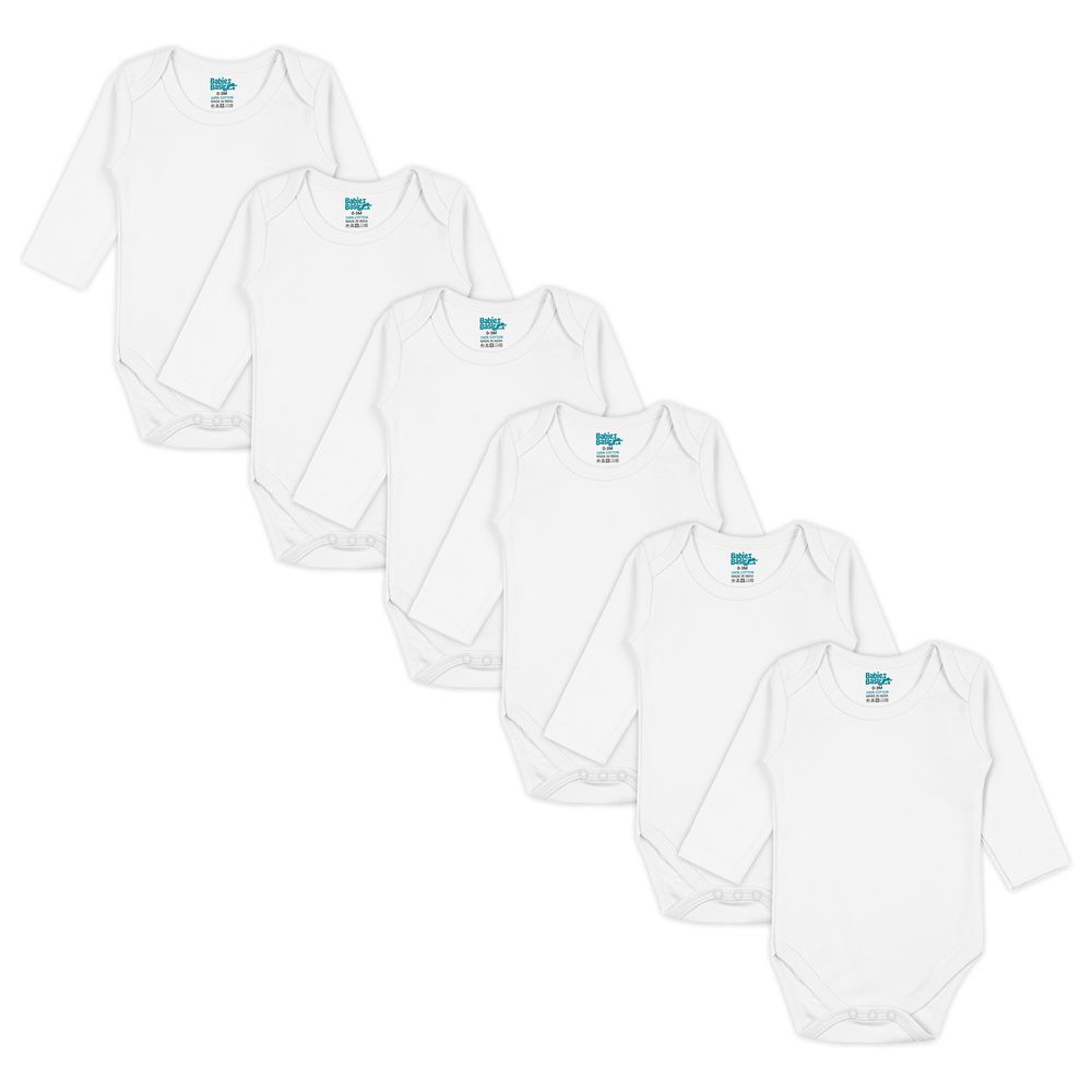 Babies Basic 100% Cotton Long Sleeves Bodysuit - White - 6 Pcs