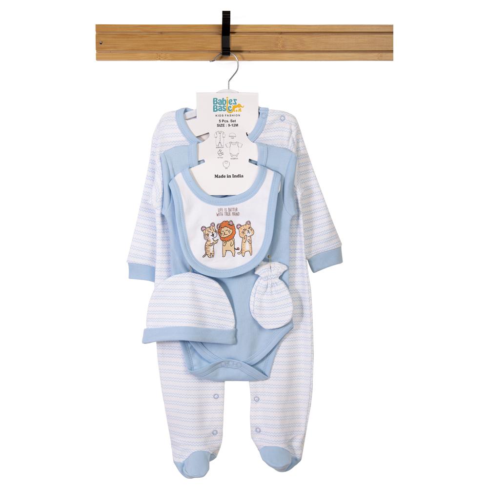 Babies Basic Set Bib, Romper, Mittens, Cap & Sleepsuit Life Is Better Sky - Blue - 5 Pcs