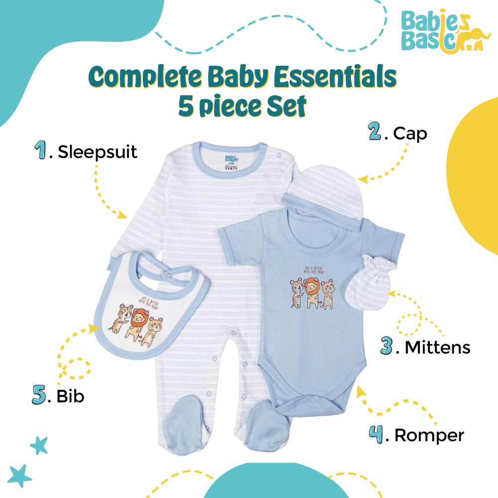 Babies Basic Set Bib, Romper, Mittens, Cap & Sleepsuit Life Is Better Sky - Blue - 5 Pcs
