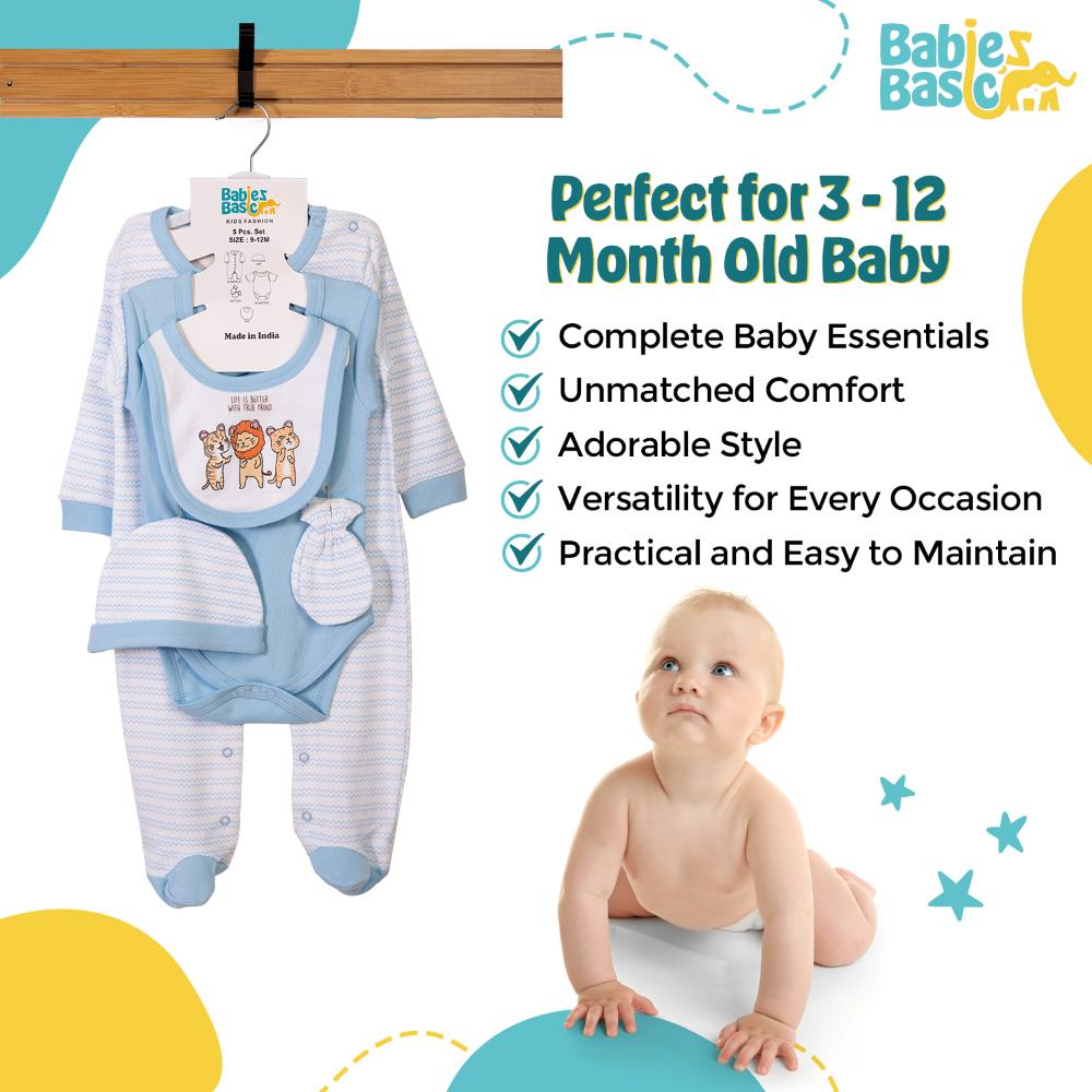 Babies Basic Set Bib, Romper, Mittens, Cap & Sleepsuit Life Is Better Sky - Blue - 5 Pcs