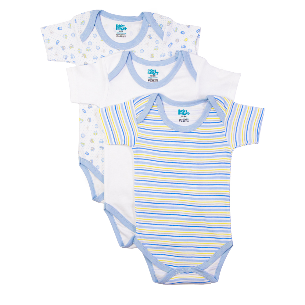 Babies Basic Boys Printed Cotton Romper - 3 Pcs