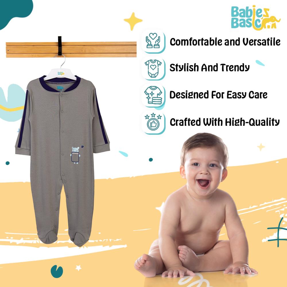 Babies Basic Printed Long Sleeves Romper/Sleepsuit Grey/Black