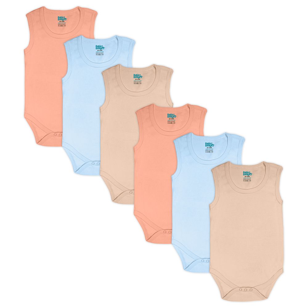 Babies Basic 100% Cotton Boys Sleeveless Bodysuit_Blue/Brown - 6 Pcs