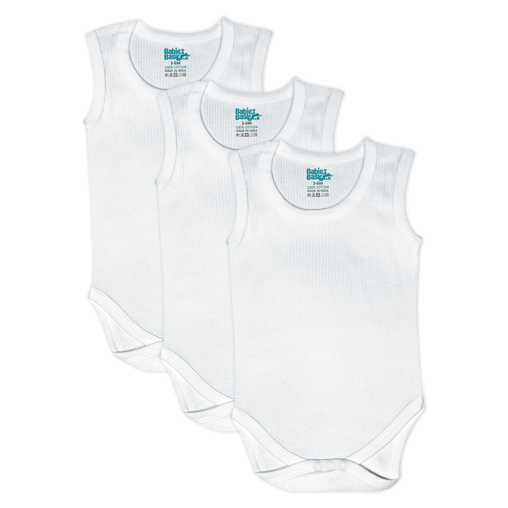 Babies Basic Baby' Sleeveless Super Combed Cotton Cotton Bodysuit - White - 3 Pcs