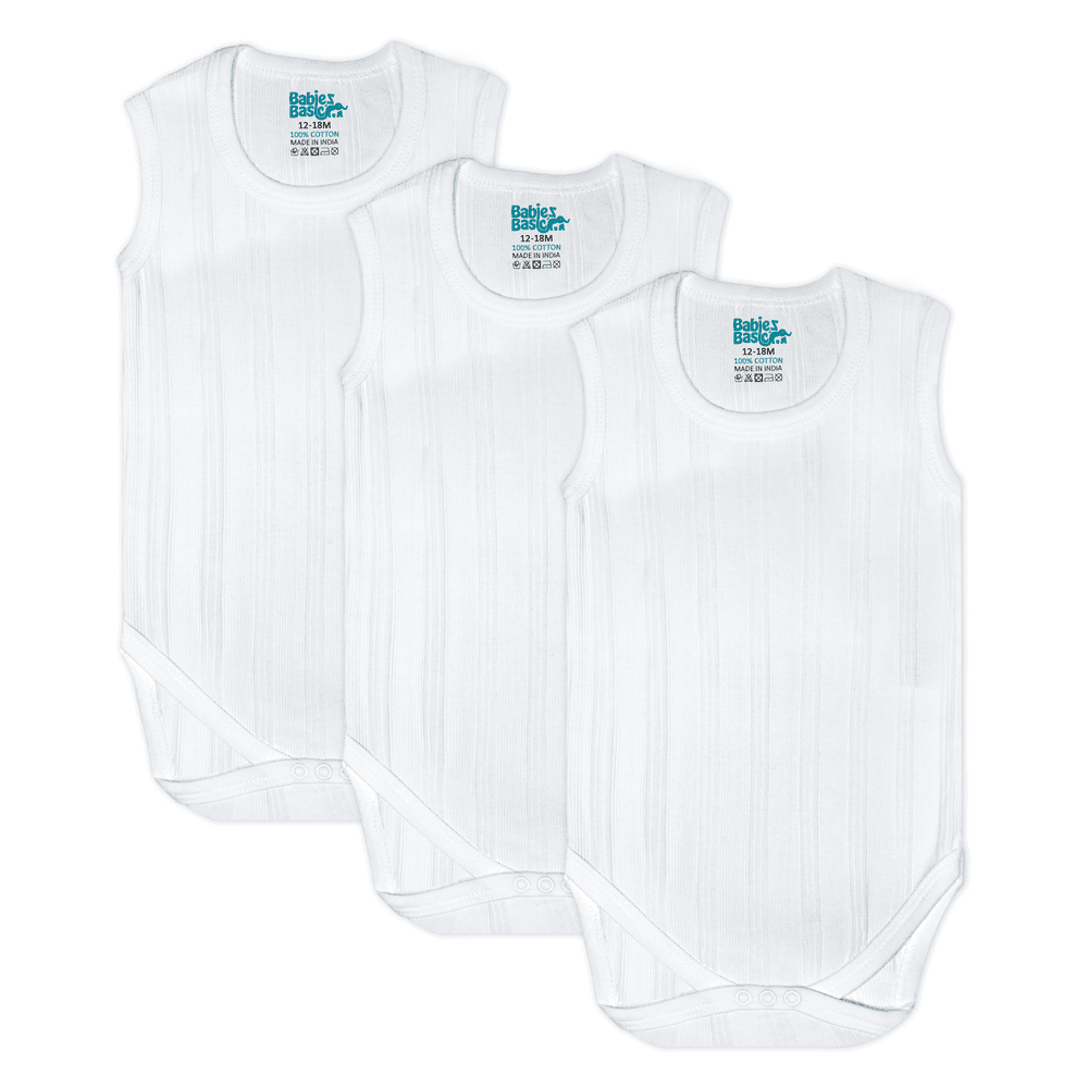 Babies Basic Baby' Sleeveless Striped Bodysuit - White - 3 Pcs