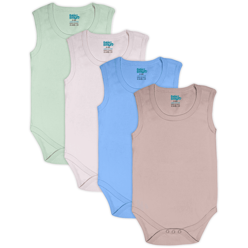 Babies Basic Baby' Sleeveless Bodysuit Green/Beige/Blue/Mocha - 4 Pcs