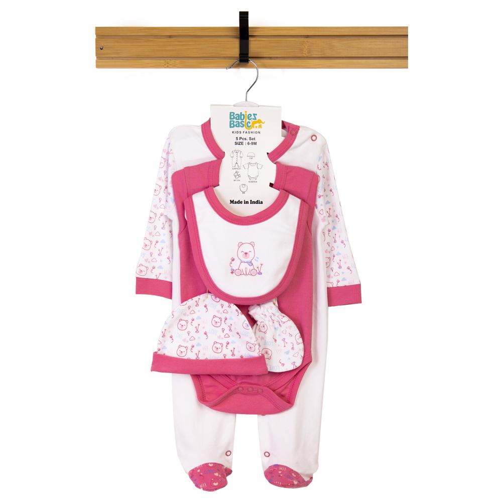 Babies Basic Set Bib, Romper, Mittens, Cap & Jumpsuit Teddy Rani - Red - 5 Pcs