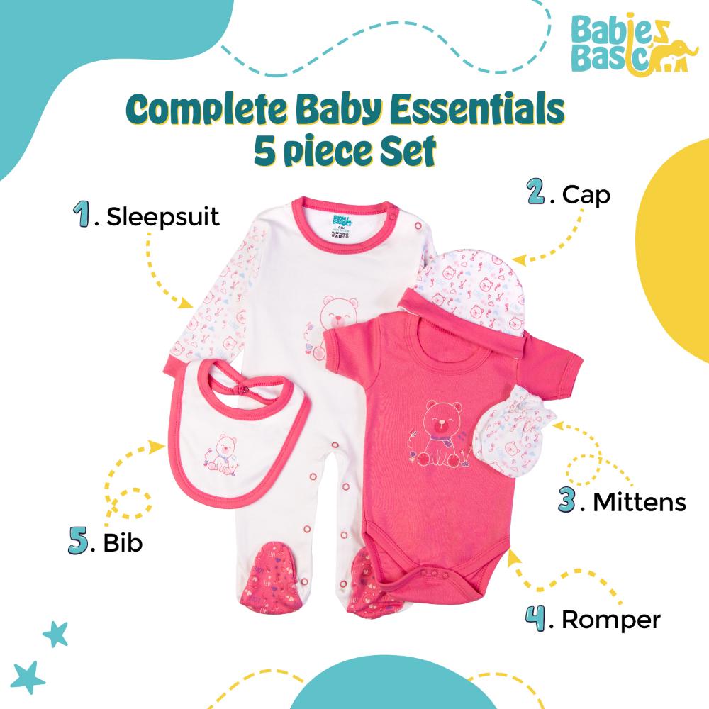 Babies Basic Set Bib, Romper, Mittens, Cap & Jumpsuit Teddy Rani - Red - 5 Pcs