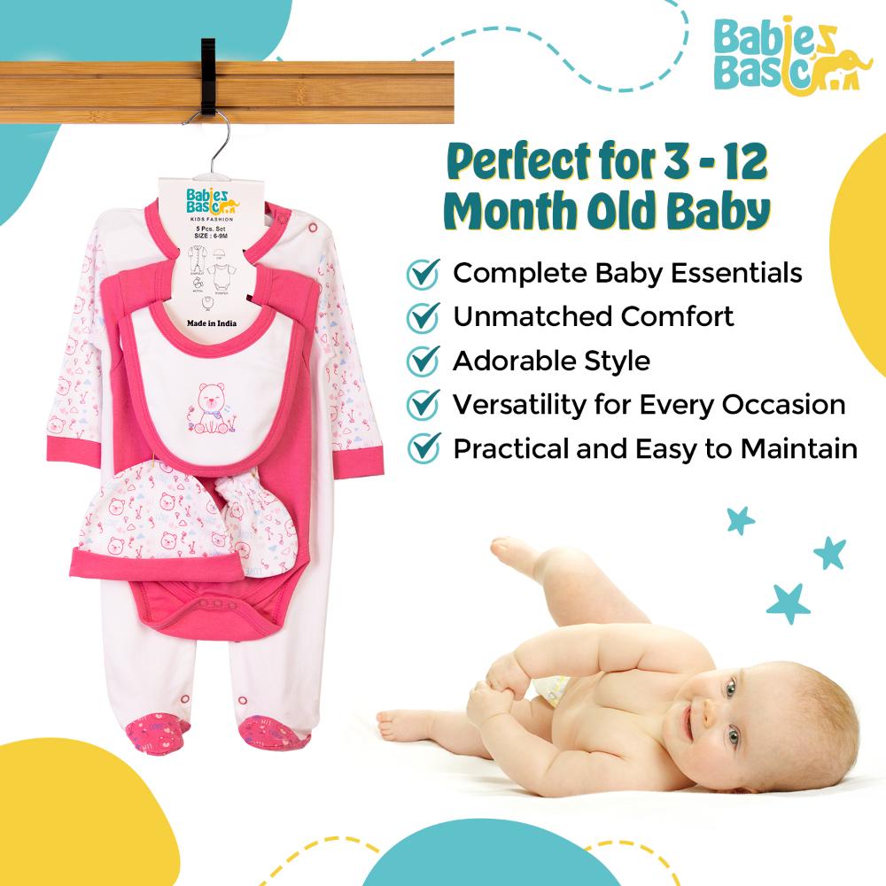 Babies Basic Set Bib, Romper, Mittens, Cap & Jumpsuit Teddy Rani - Red - 5 Pcs