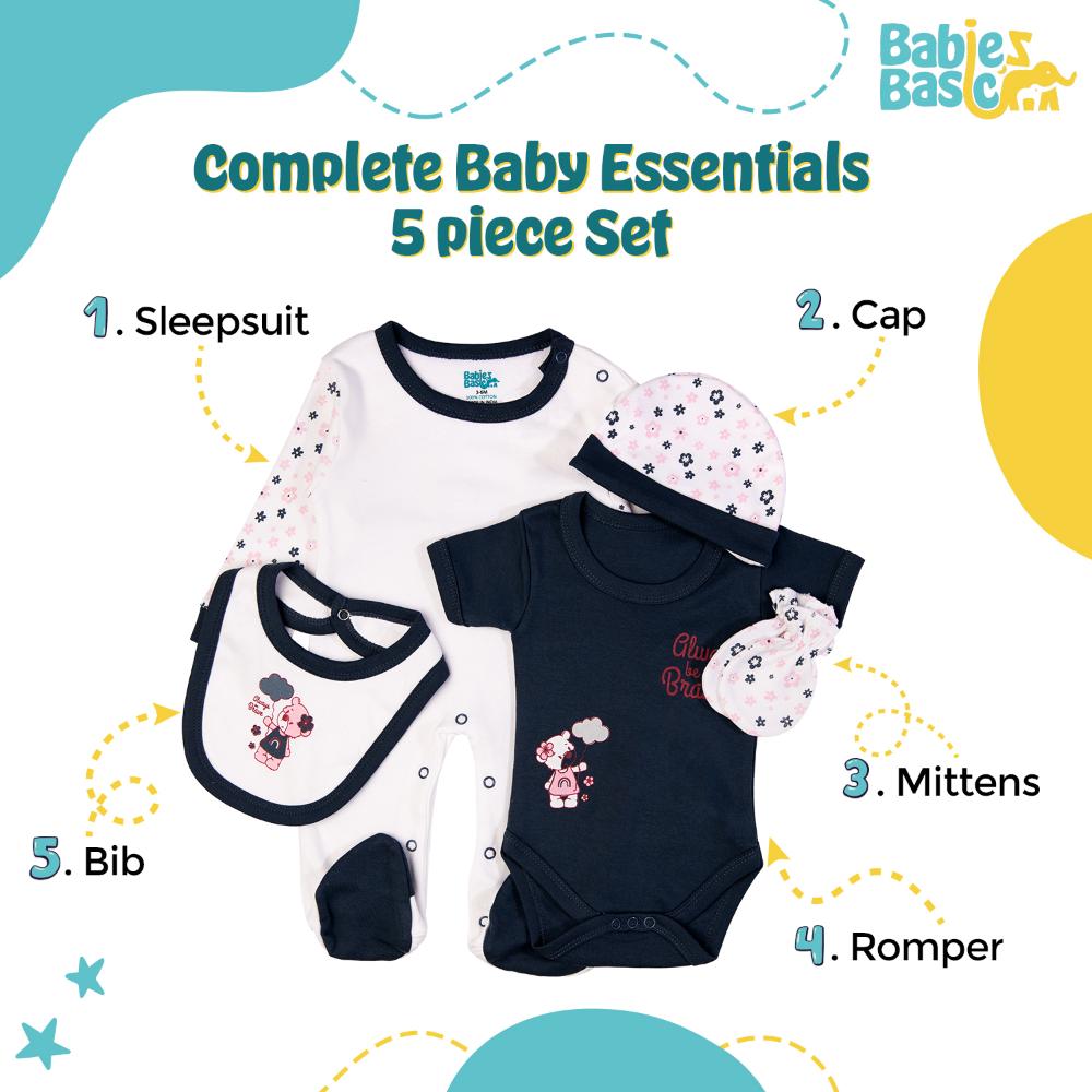 Babies Basic Set Bib, Romper, Mittens, Cap & Jumpsuit Always Be Brave - Navy Blue - 5 Pcs
