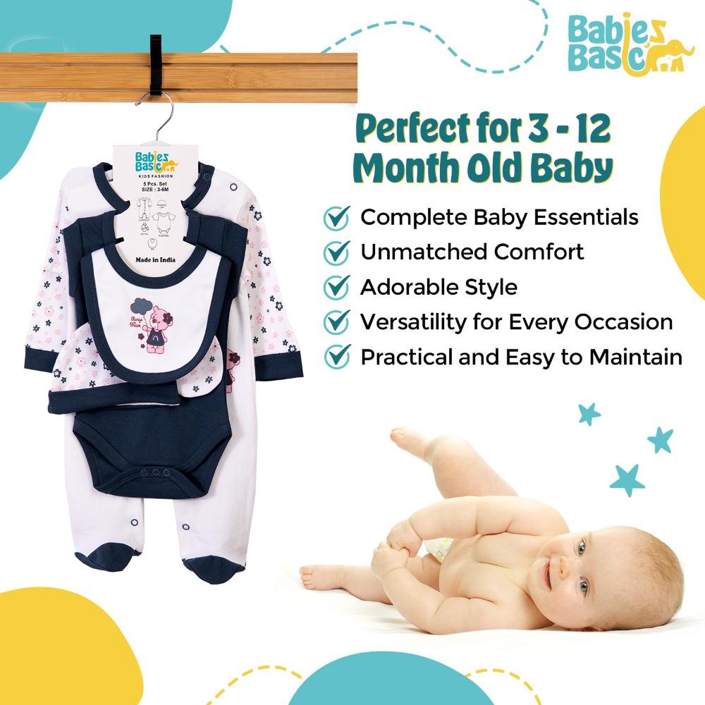 Babies Basic Set Bib, Romper, Mittens, Cap & Jumpsuit Always Be Brave - Navy Blue - 5 Pcs