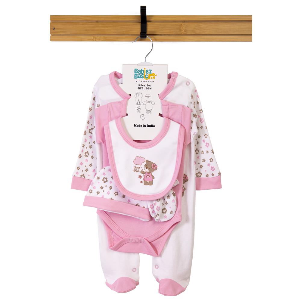 Babies Basic Set Bib, Romper, Mittens, Cap & Jumpsuit Always Be Brave - Pink - 5 Pcs