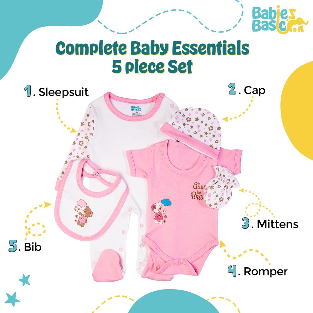 Babies Basic Set Bib, Romper, Mittens, Cap & Jumpsuit Always Be Brave - Pink - 5 Pcs