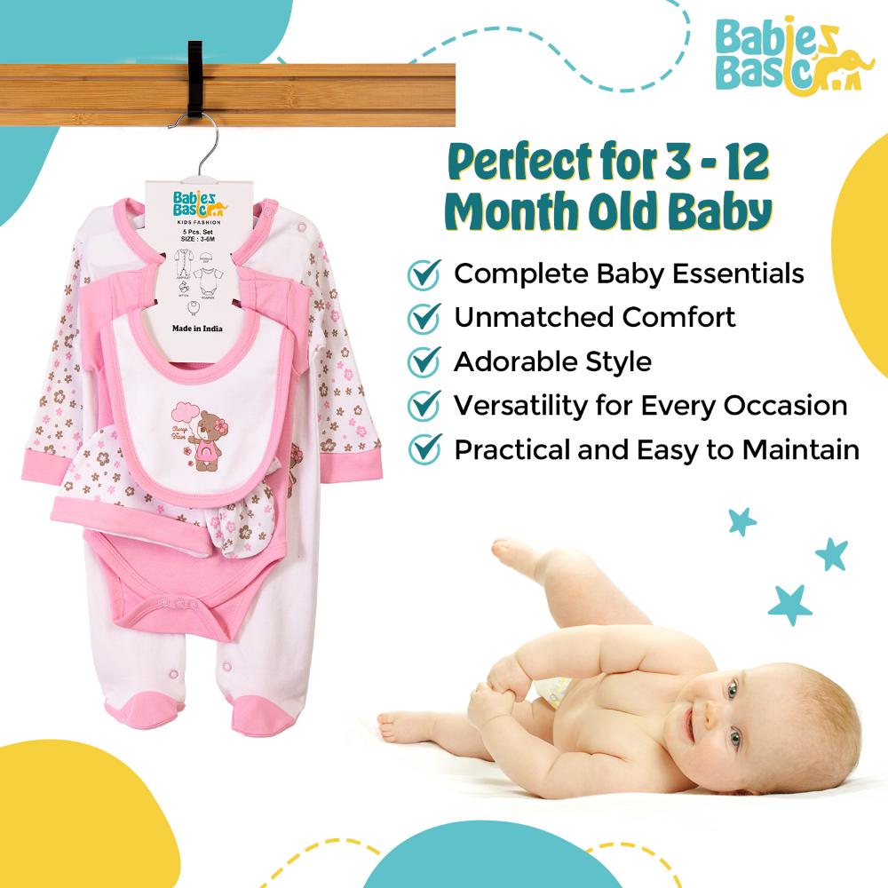 Babies Basic Set Bib, Romper, Mittens, Cap & Jumpsuit Always Be Brave - Pink - 5 Pcs