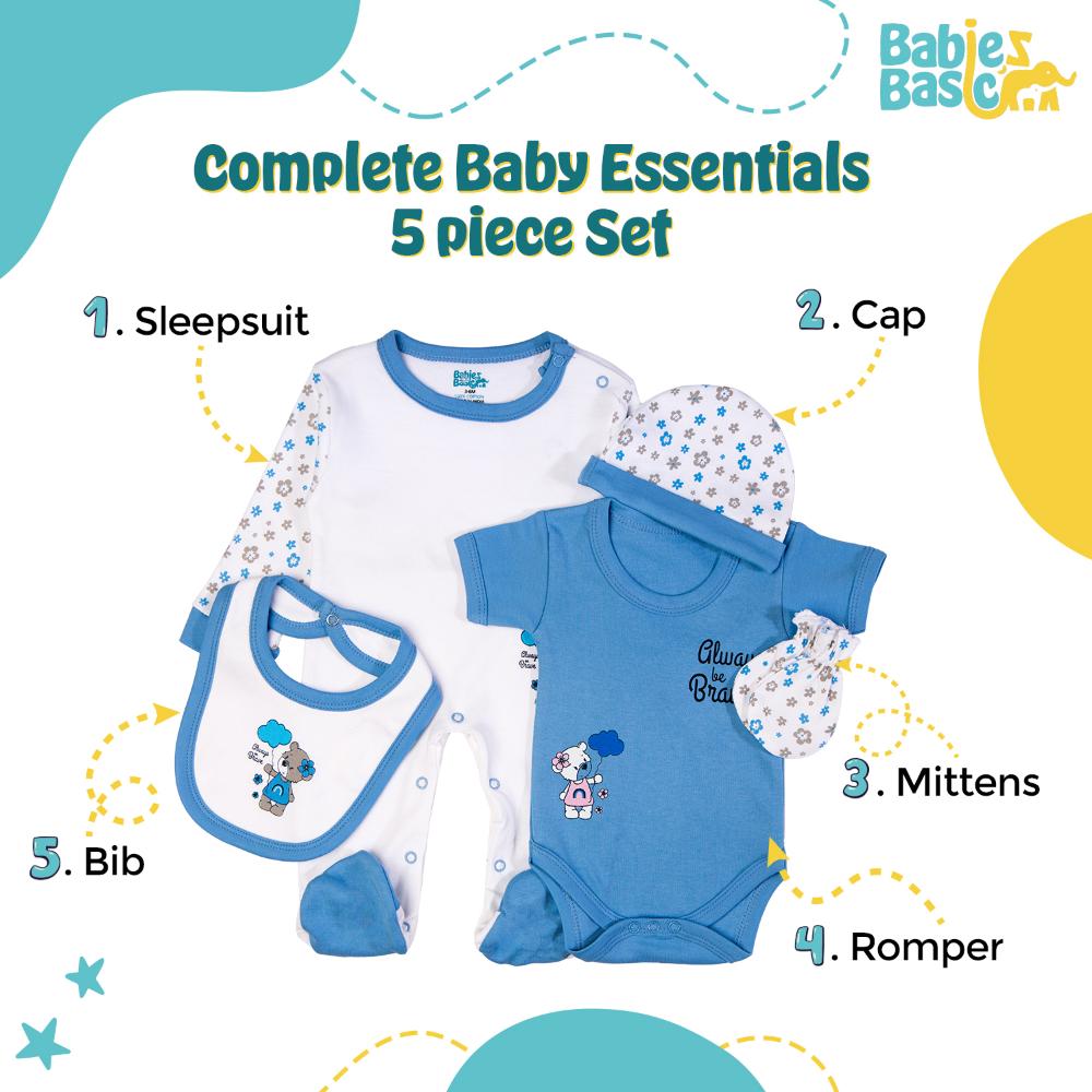 Babies Basic Set Bib, Romper, Mittens, Cap & Jumpsuit Always Be Brave Sky - Blue - 5 Pcs
