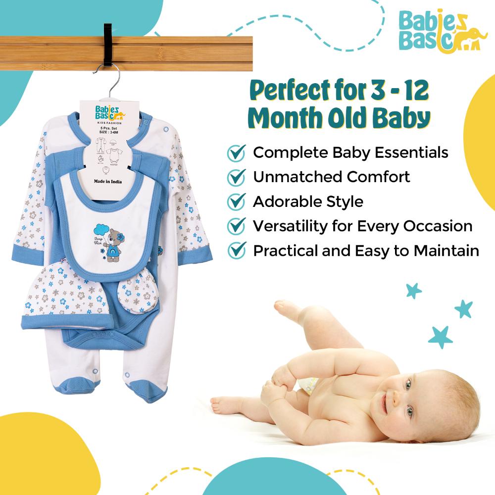 Babies Basic Set Bib, Romper, Mittens, Cap & Jumpsuit Always Be Brave Sky - Blue - 5 Pcs