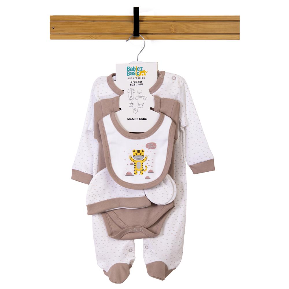Babies Basic Set Bib, Romper, Mittens, Cap & Jumpsuit Stay Healthly - Grey - 5 Pcs