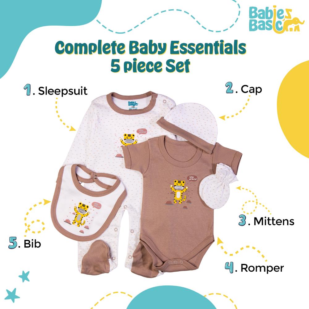Babies Basic Set Bib, Romper, Mittens, Cap & Jumpsuit Stay Healthly - Grey - 5 Pcs