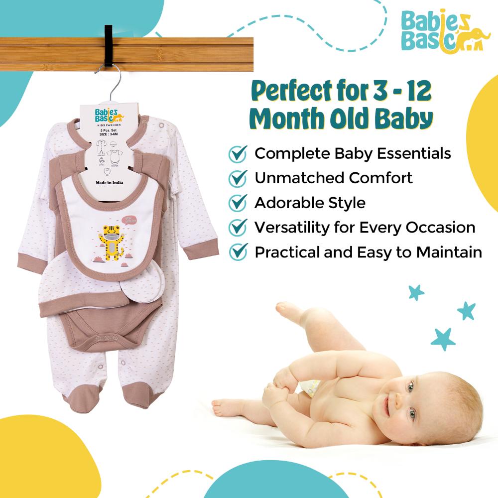 Babies Basic Set Bib, Romper, Mittens, Cap & Jumpsuit Stay Healthly - Grey - 5 Pcs
