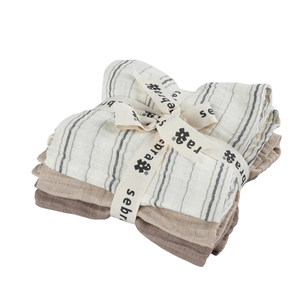 Sebra - Baby Muslin Towel - Cream Stripe - 3 Pc Set