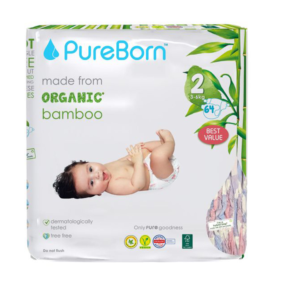 Pureborn - Organic Nappies - Size 2 - S - 3-6 kg - 64 Count