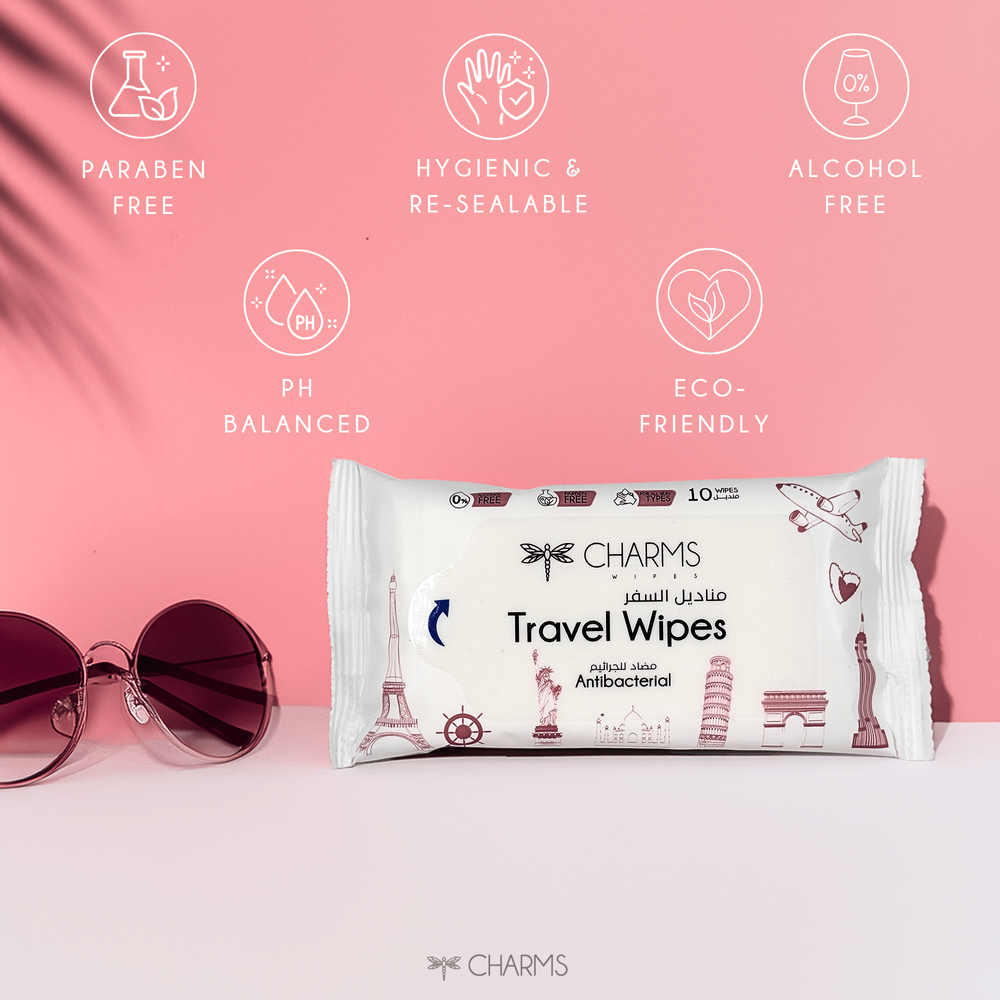 Charms - Travel Wipes Antibacterial Alcohol & Paraben-free - 10 Sheets