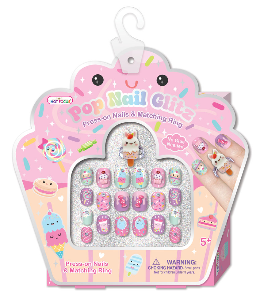 Hot Focus - Pop Nail Glitz Press-On Nails & Matching Rings - Multicolor