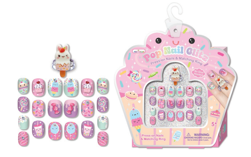 Hot Focus - Pop Nail Glitz Press-On Nails & Matching Rings - Multicolor