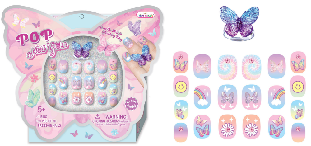 Hot Focus - Pop Nail Glitz Press-On Nails & Matching Rings - Buterflies