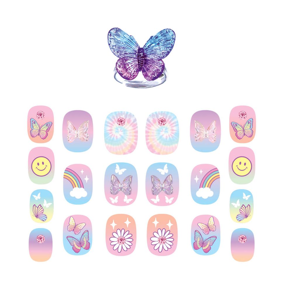 Hot Focus - Pop Nail Glitz Press-On Nails & Matching Rings - Buterflies