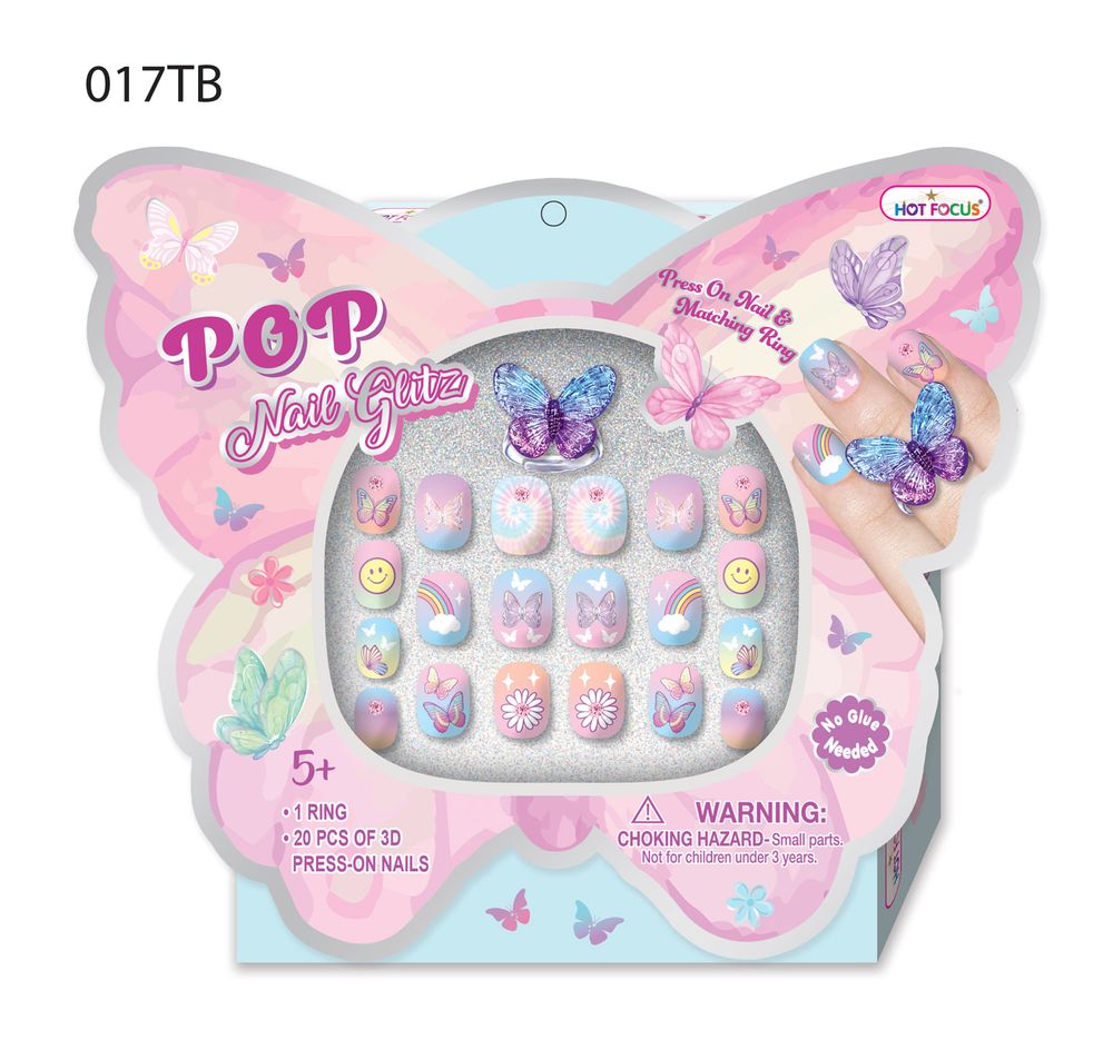 Hot Focus - Pop Nail Glitz Press-On Nails & Matching Rings - Buterflies