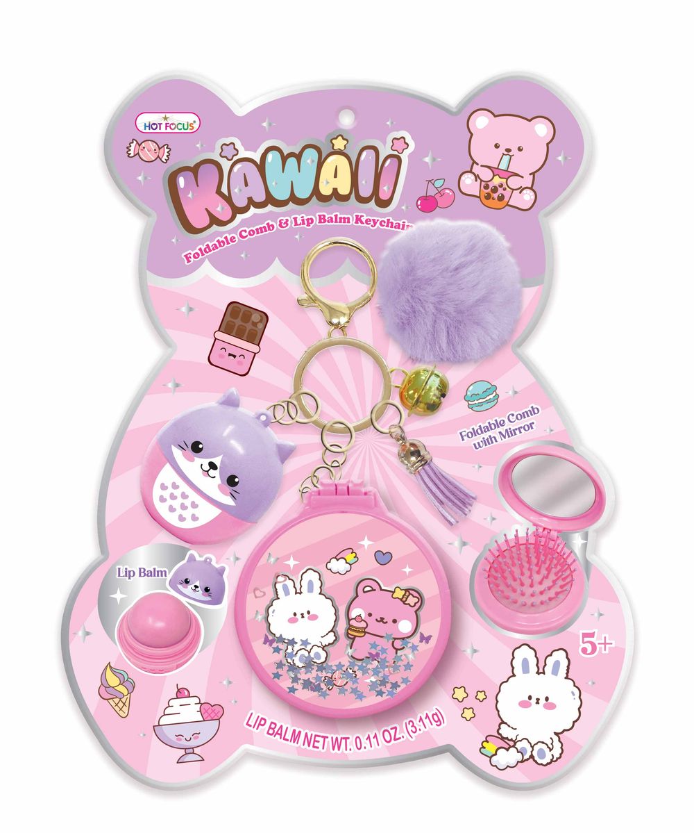 Hot Focus - 3-In-1 Kawaii Enchanted Foldable Comb, Mirror & Keychain Lip Balm Set - Multicolor