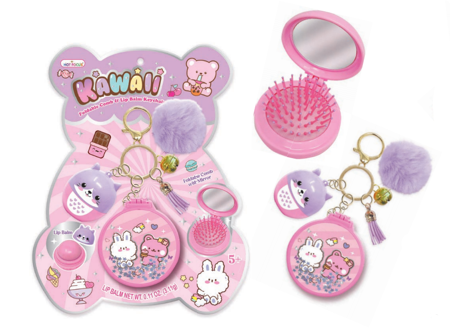 Hot Focus - 3-In-1 Kawaii Enchanted Foldable Comb, Mirror & Keychain Lip Balm Set - Multicolor