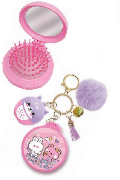 Hot Focus - 3-In-1 Kawaii Enchanted Foldable Comb, Mirror & Keychain Lip Balm Set - Multicolor