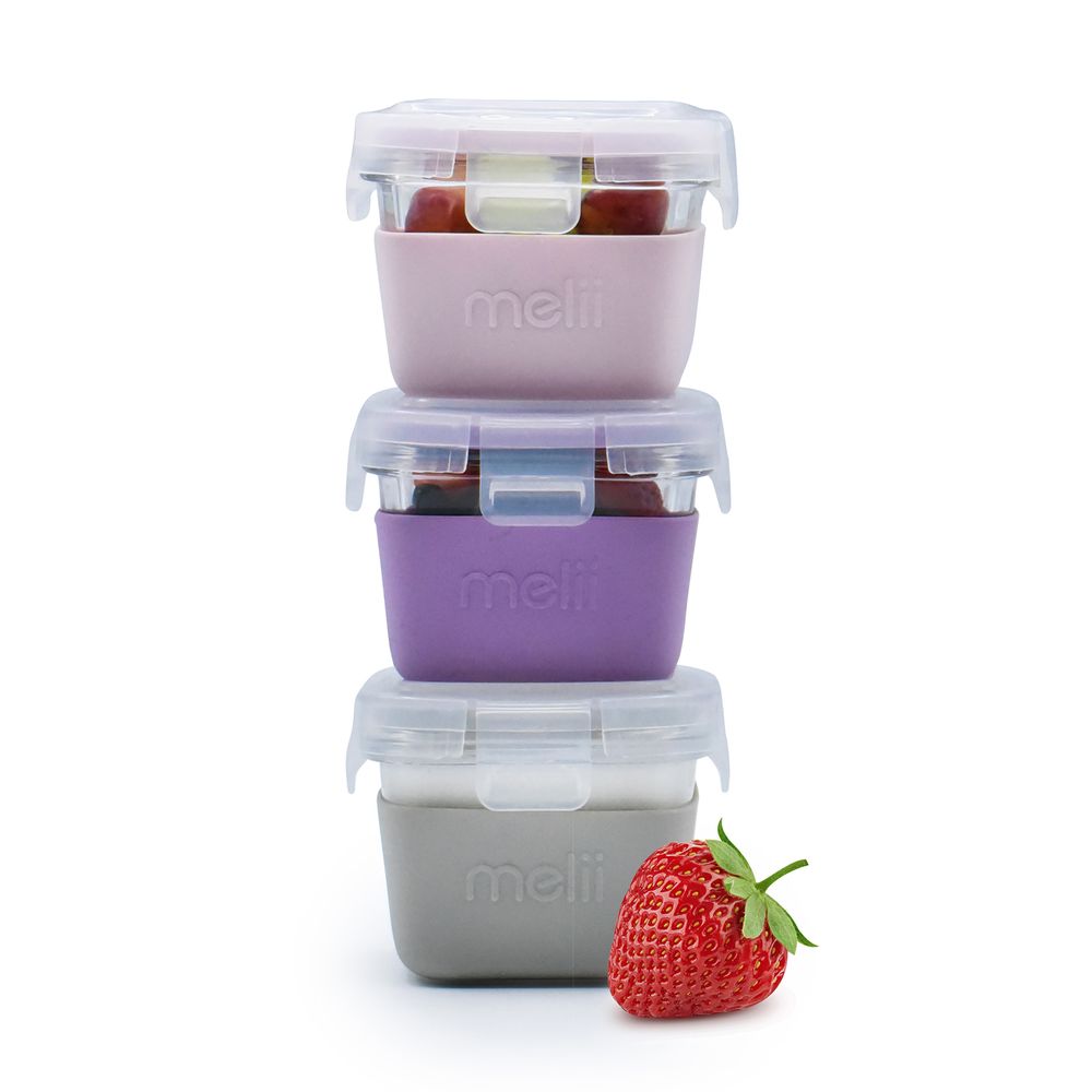 Melii Glass Food Storage Containers With Silicone Sleeve - Pink/Purple/Grey - 3 Pcs - 160 ml