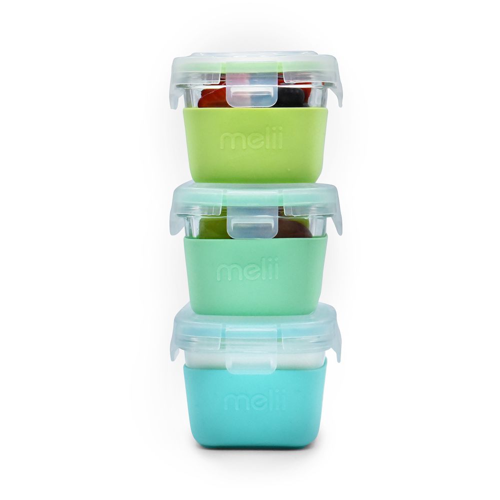 Melii Glass Food Storage Containers With Silicone Sleeve - Green/Mint/Turquoise - 3 Pcs - 160 ml