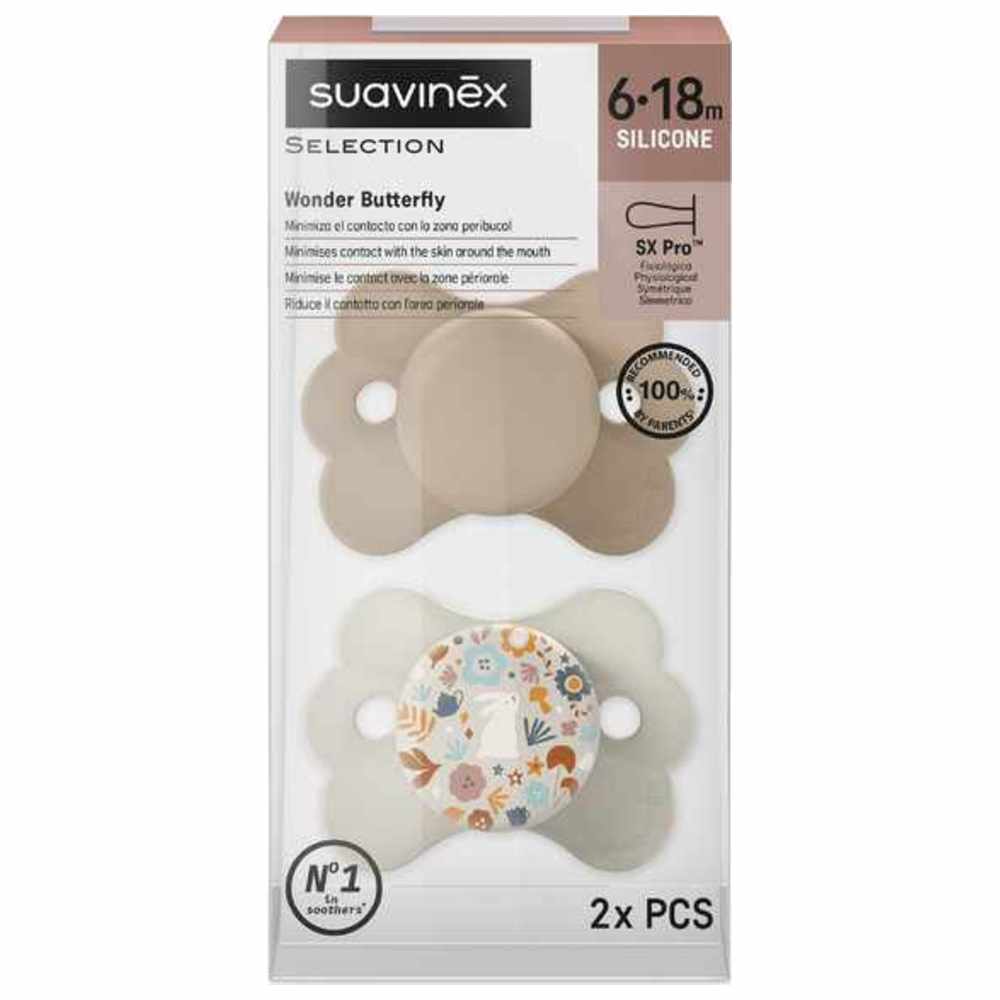 Suavinex - SX Pro Ultra Soft Butterfly Shape Baby Pacifier 6-18 M Pack of 2 - Beige