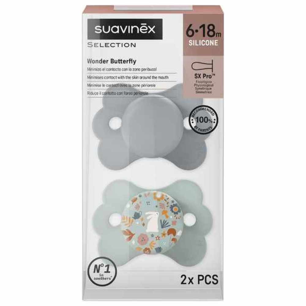 Suavinex - SX Pro Ultra Soft Butterfly Shape Baby Pacifier 6-18 M Pack of 2 - Blue