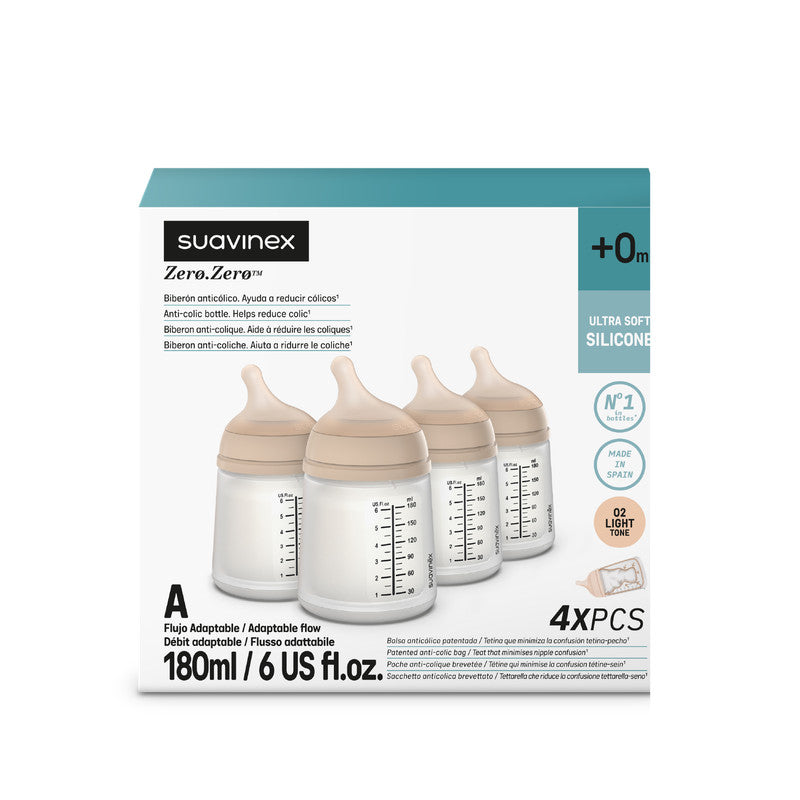 Suavinex - Zero Zero Anti Colic Baby Feeding Bottle  180 ml Set of 4 - Beige