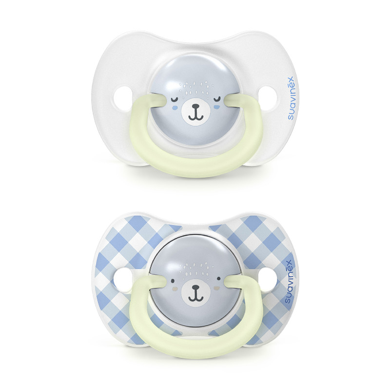 Suavinex - Glow In The Dark Silicone Teat Pacifier - 0-6M - Blue - 2 Pc Set