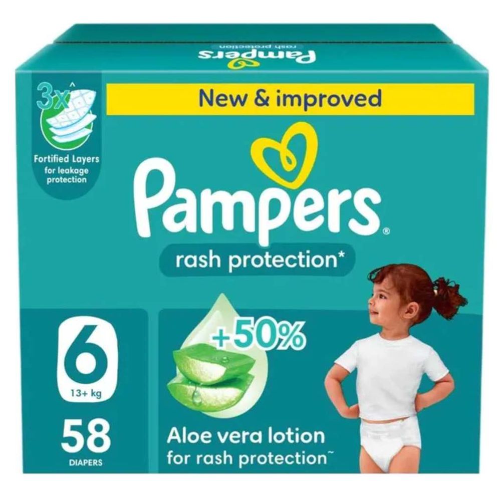 Pampers - Rash Protection Baby Diapers - Jumbo Box - Size 6 - 13+ Kg - 58 Count
