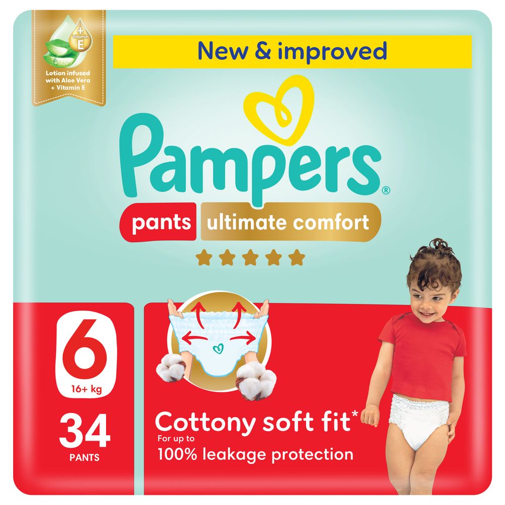 Pampers Ultimate Comfort Diapers Pants With Aloe Vera And Vitamin E - Size 6 - 16-21kg - 34 Pcs