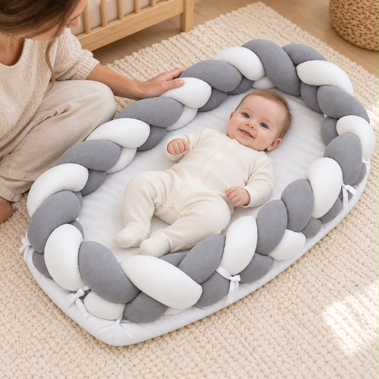 Miila - Baby Nest With Braided Bumper - Light Grey