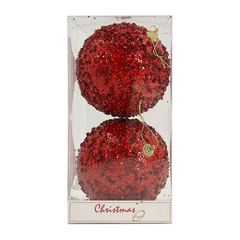Christmas Magic - Christmas Designer Baubles - Red Glitter - 12 cm - 2 Pcs