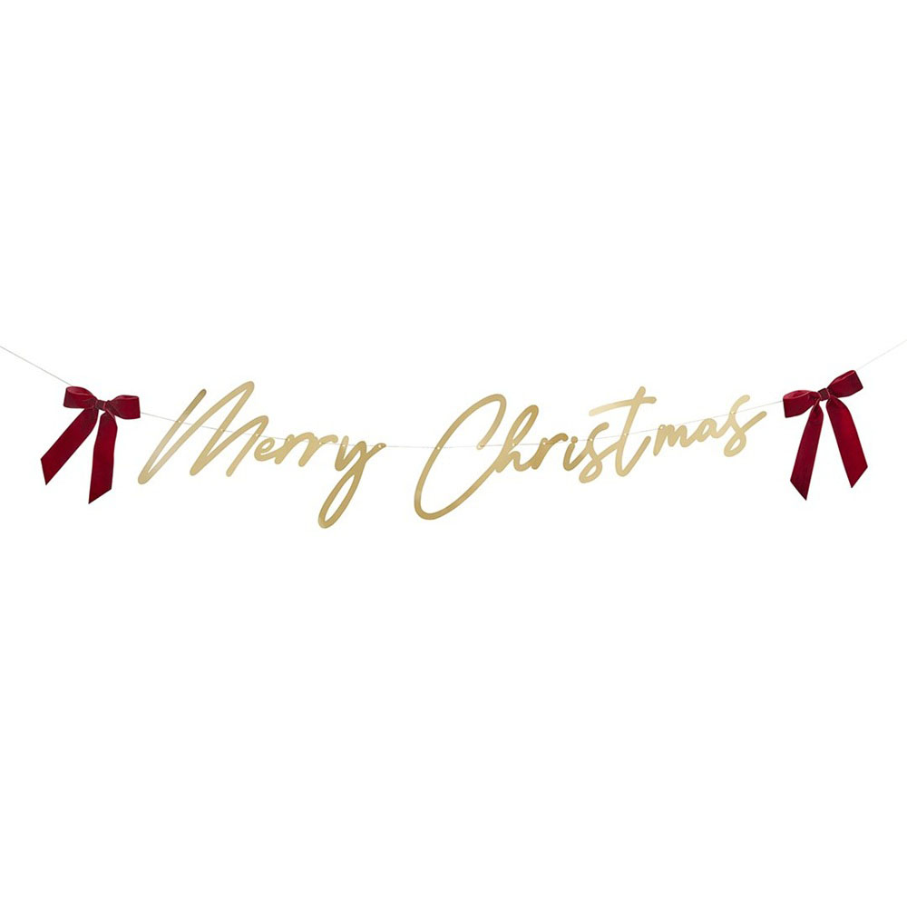 Hootyballoo Merry Christmas Card Banner With Two Red Velvet Bows - Gold - 2 m
