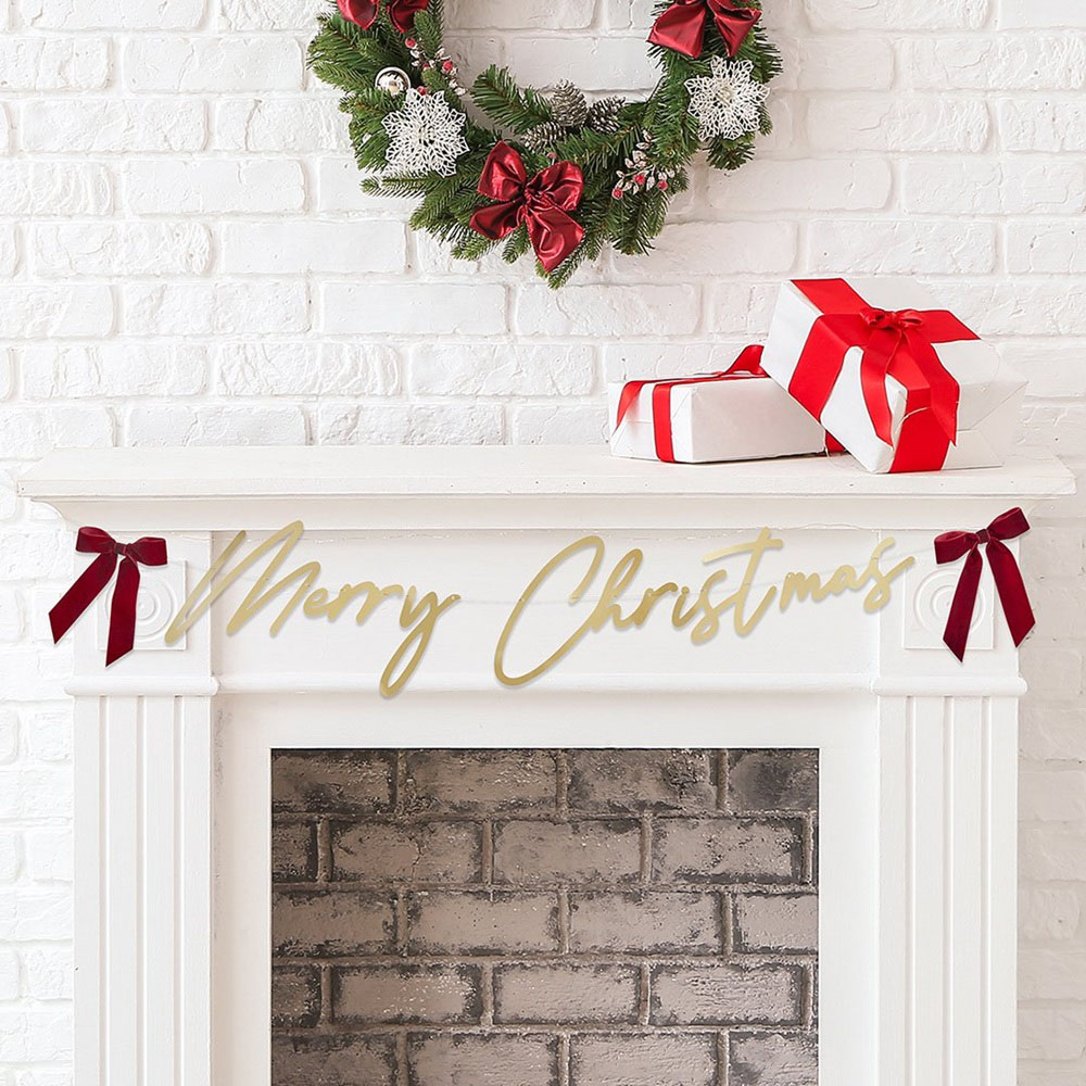 Hootyballoo Merry Christmas Card Banner With Two Red Velvet Bows - Gold - 2 m