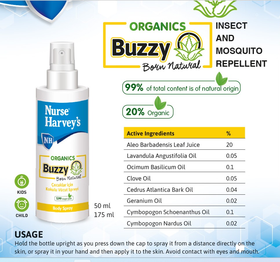 Nurse Harvey's - Buzzy Natural Repellent Body Spray Babies, Kids & Adults - 175 ml
