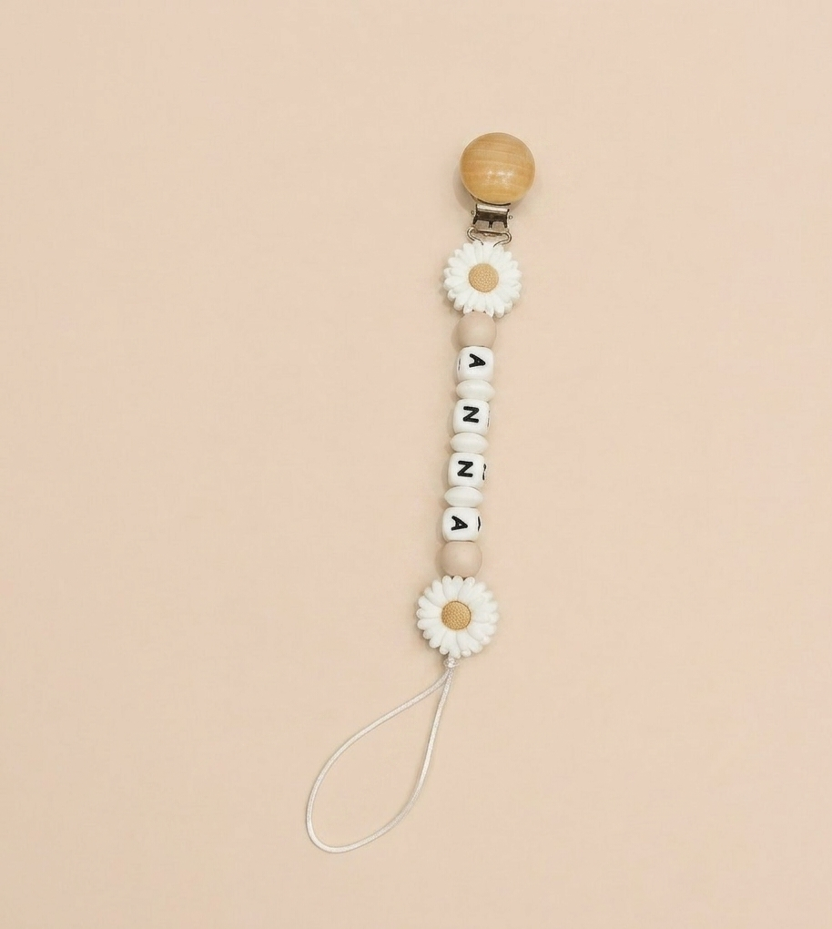 Maxims - Personalized Daisy Silicone Pacifier Clip - White