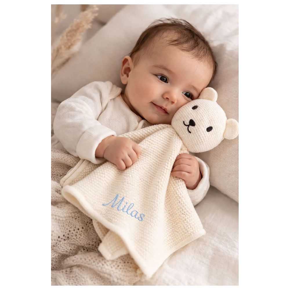 Maxims - Personalised Baby Organic Cotton Knitted Bear Comforter - Ivory